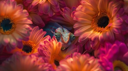 Chameleon skillfully camouflaging itself against a vibrant and colorful background environment