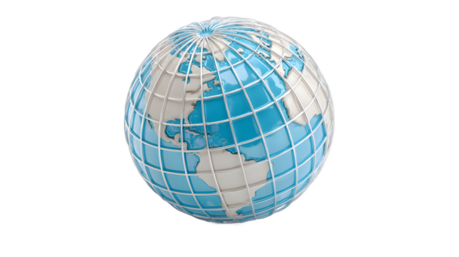 Stylized Global Earth 3D Render Blue and White World Map Grid Technology Illustration - Powered by Adobe