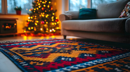 Cozy living room interior with christmas tree and ornate rug