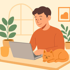 Remote Work at Home, Freelancer or employee working from home in cozy space with coffee and laptop