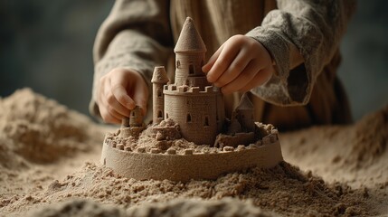 Child building a sandcastle on a smooth beige surface, creativity and focus for Children's Day