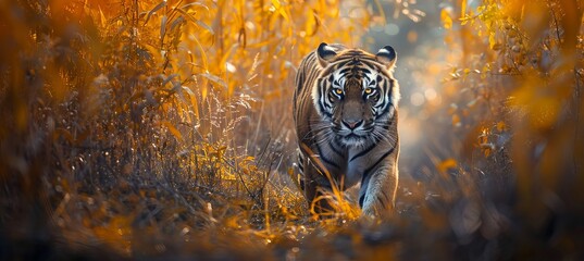 Majestic tiger confidently striding through a vibrant field of lush, tall green grass in nature