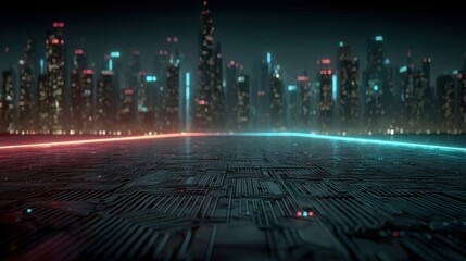 Fototapeta premium Striking Glowing Circuit Board Pattern Morphing into a Brilliant Neon City Skyline Evoking a Sense of Wonder and Technological Advancement