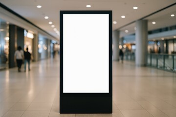 Blank, vertical digital signage screen or kiosk mockup, mounted on a wall or stand in a brightly lit, modern public space like a shopping mall, airport, or subway station, ready for advertising.