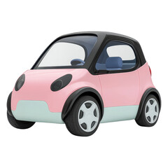 A small, compact pink car with a modern, rounded design and blue seats.
