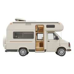 A compact, modern motorhome with an open entry door and visible interior seating and kitchen area.
