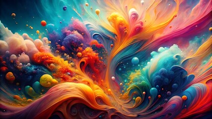 Vibrant swirls of teal, orange, and crimson with bubble accents evoke an aquatic, dreamlike space