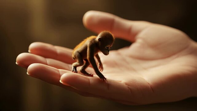 Baby monkey walking on open palm of a hand in soft light  