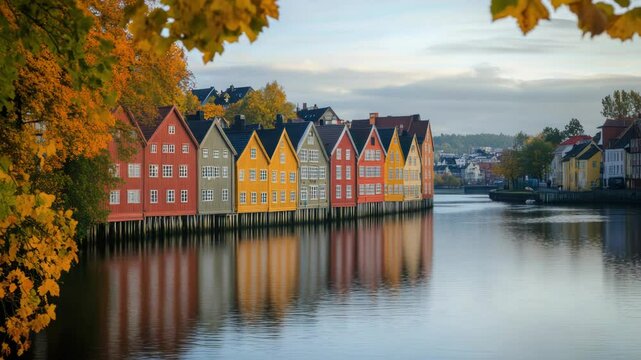 A row of colorful houses near the shore, perfect for travel or lifestyle photography