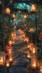 Magical forest clearing illuminated by ethereal lights and enchanting atmosphere