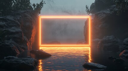 Glowing orange rectangular portal between misty mountain rocks reflecting on still water.