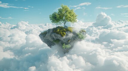 A surreal island suspended in the sky, hovering above a sea of fluffy white clouds