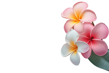 A group of plumeria flowers in varying shades of pink and white on a black background on the right side