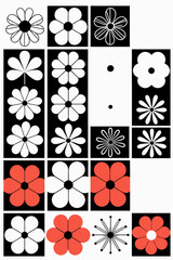 Retro Flower Power Pattern-Black White and Red Floral Design-Vintage Inspired Groovy Art-Trendy 60s 70s Style-Modern Flower Motif-Daisy Illustration-Graphic Print