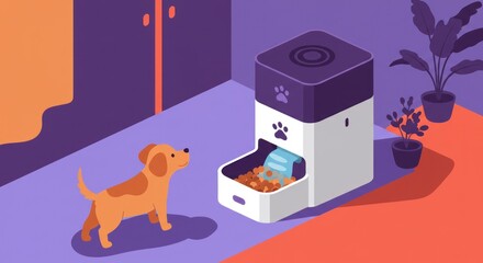 Automated pet feeder concept with happy dog, minimalist and modern design