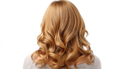 Fototapeta premium Blonde woman showcases her long, wavy hair and white top in soft light, creating an elegant portrait with a serene expression.