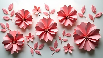 Fototapeta premium Arrangement of stylized paper flowers and leaves in soft pink tones