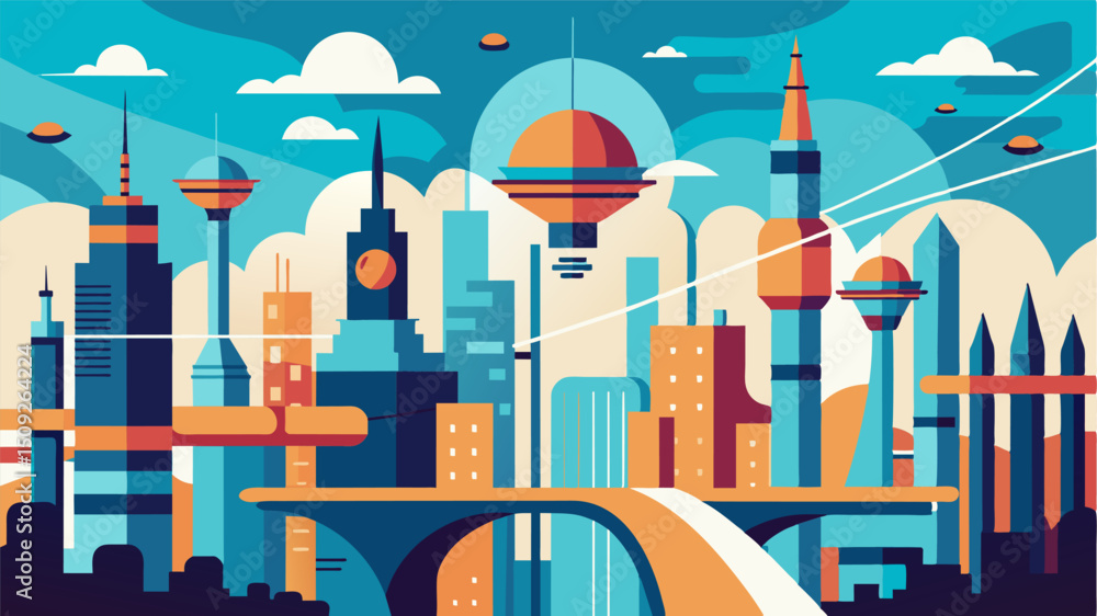 Poster a futuristic air taxi skyline with towering bridges connecting sprawling cities and a neverending fl