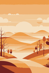 Fototapeta premium Orange Autumn Landscape Illustration-Serene Sunset Over Rolling Hills-Minimalist Nature Art-Fall Colors and Peaceful Scene-Warm Tones Art Print