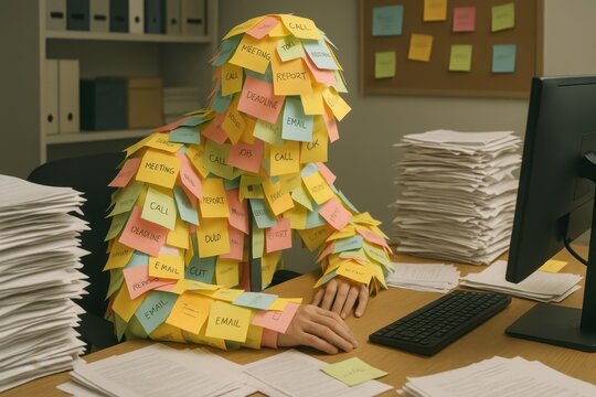 Overwhelmed Office Worker Completely Covered in Colorful Sticky Notes Sitting Despondently at a Messy Desk