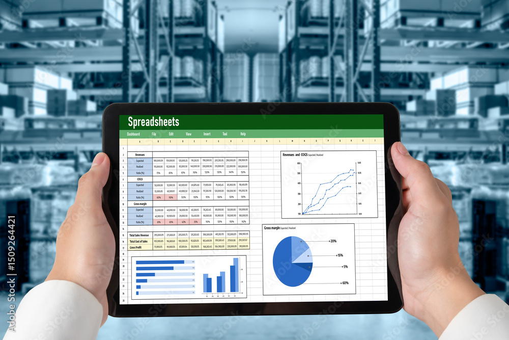 Poster spreadsheet document information financial startup concept. data and graphs in spreadsheet documents