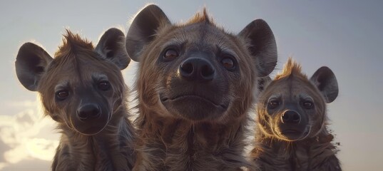 A pack of hyenas moving through the wilderness beneath a stunning twilight sky at dusk