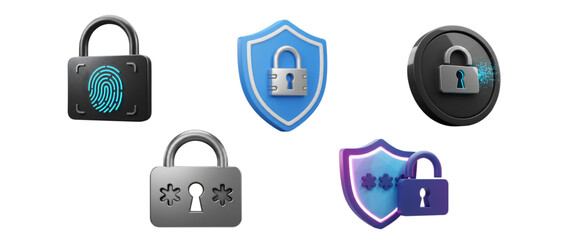 3D Cybersecurity Lock Icons – Secure Access, Digital Padlocks, Biometric & Password Shield Symbols, Tech Protection Graphics"
