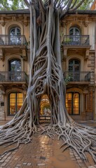 Charming treehouse beautifully crafted within the sprawling branches of an ancient banyan tree