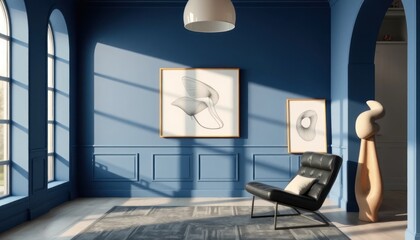 Serene Contemporary Living Space with Abstract Art and a Blue Hue Palette Design
