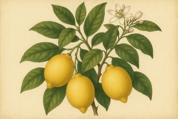 Vintage Botanical Illustration of a Lemon Branch with Ripe Yellow Fruits Green Leaves and White Blossoms Creamy Paper