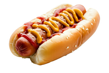 Hot dog with mustard and ketchup on white background