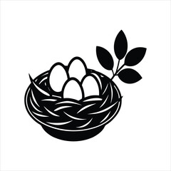  Eggs Nest on Branch Black Vector Clipart