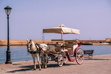 Chania Crete. Horse carriage at the old venetian harbor