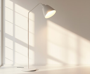 Floor lamp in a modern living room illuminated cinematically by natural light coming through a window.