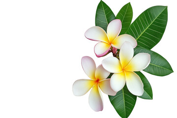 Fototapeta premium A close up of three plumeria flowers with white petals and yellow centers with green leaves on black