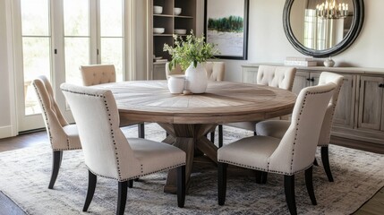 Round rustic table with beige fabric dining chairs in an interior space