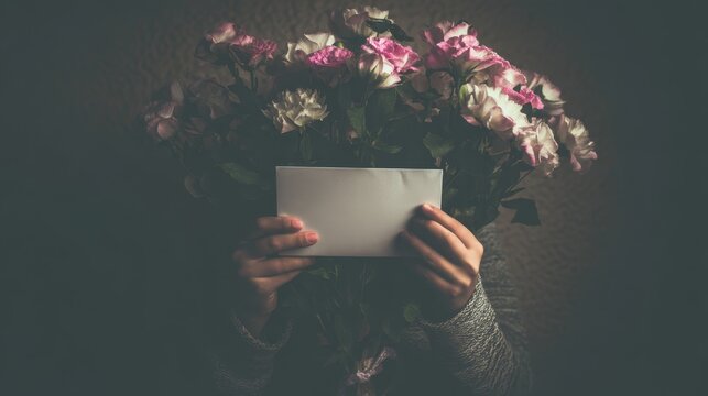 Hands holding envelope and bouquet of flowers in moody lighting atmosphere.