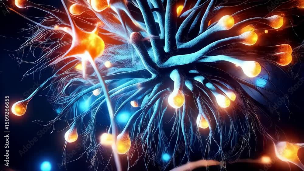 Poster detailed neuron cells transmitting signals, orange and blue synapses illustration with complex neura