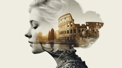 Italian woman silhouette with Colosseum, gondola, and pizza in double exposure