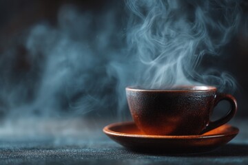 Steaming ceramic coffee cup on dark background with rising vapor swirl effect.