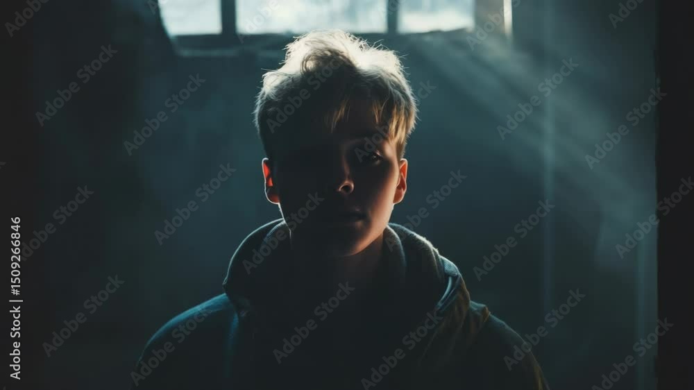 Poster a person contemplates in front of a window, possibly deep in thought