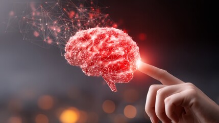 Human finger touching glowing digital brain network on dark background concept.