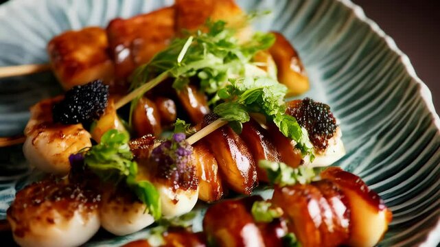 Savory glazed dango skewers garnished with fresh greens and edible flowers arranged on a patterned ceramic plate, gourmet snacks