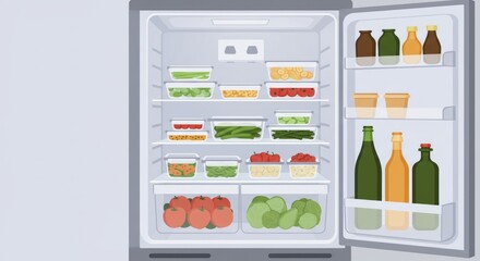Open refrigerator showcasing various food items in containers and bottled beverages