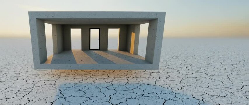 Floating concrete room with open doors casting surreal shadows on cracked earth
