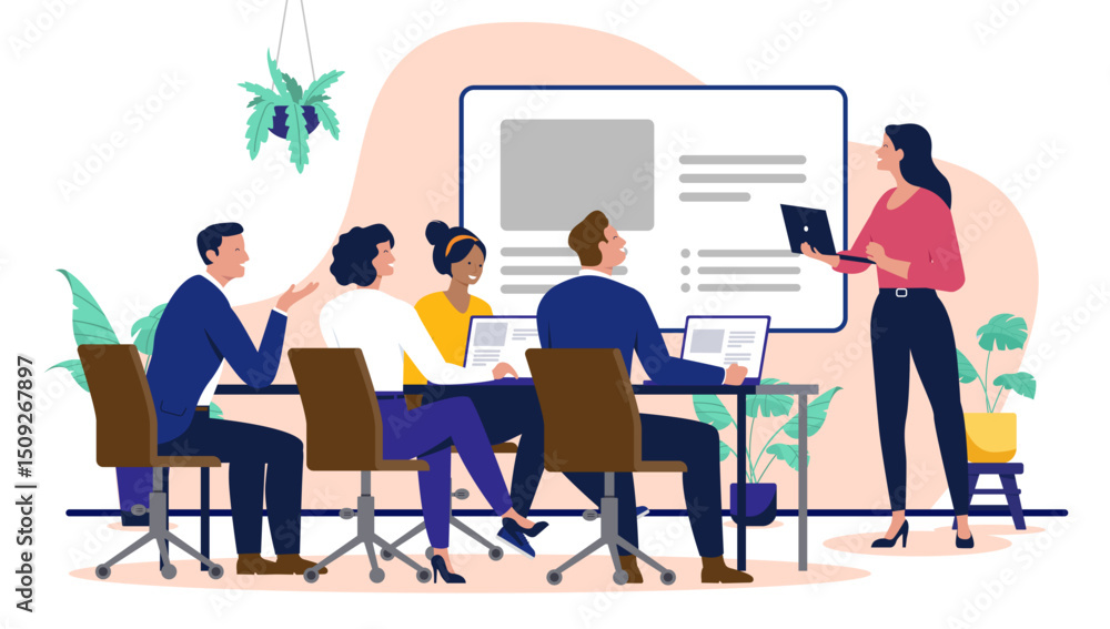 Poster business meeting presentation - diverse team collaborates in office environment with laptops and scr