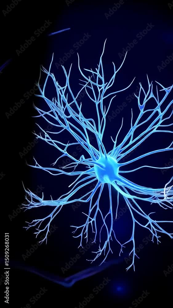 Poster detailed 3d rendering of a blue neuron cell showing intricate processes and connection on a black ba