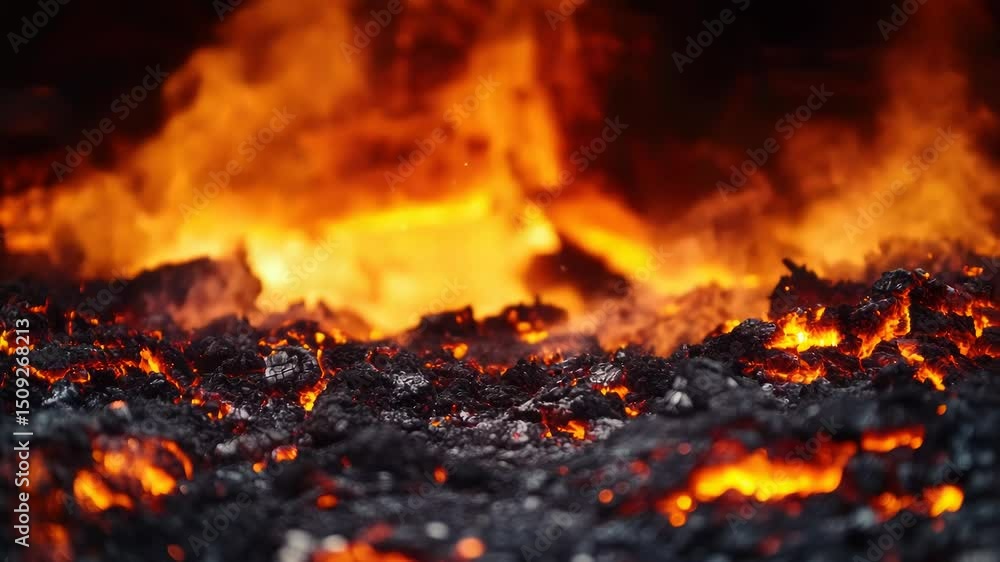 Poster a close-up shot of a fire with flames burning brightly in the background, perfect for use in scenes 