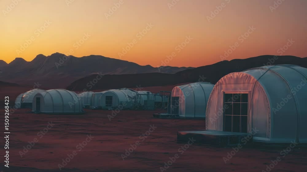 Poster group of tents situated in the middle of a desert, surrounded by sandy dunes and vast open space