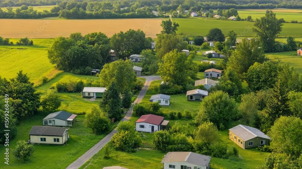 Poster aerial view of a small town with trees and greenery surrounding the area